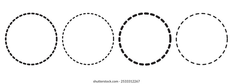 Contorno de círculo pontilhado. Linha de ponto circular definida. Ícone de círculo tracejado. Abstrato pontilhado círculos elemento. Linhas redondas pontilhadas. Círculo tracejado simples isolado. 