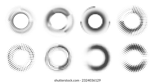 Dotted circle pattern. Abstract halftone round. Vector frame with random gradient gradation. Grunge rings design on white background