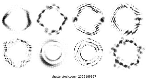 Dotted circle pattern. Abstract halftone round. Vector frame with random gradient gradation. Grunge rings design on white background