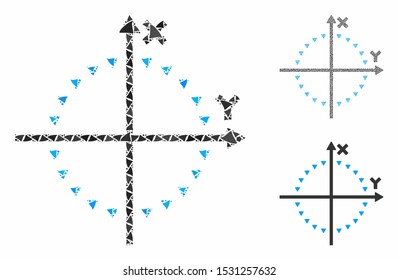 Dotted circle plot composition of inequal pieces in various sizes and color tints, based on dotted circle plot icon. Vector ragged elements are composed into collage.