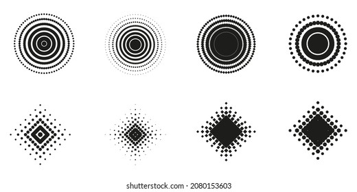 Dotted Circle, Rhombus Black and White Pattern. Set of Geometric Shape of Circle, Rhombus, Square, Hexagon in Modern Style. Abstract Geometric Element Design. Isolated Vector Illustration.