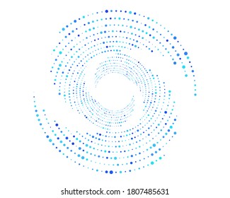 Dotted circle vector element. Dots ripple halftone background. Spiral or twist radial element. Abstract half circle with random size dots. Dotwork radial design background. Vector