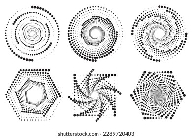 Dotted circles pattern. Abstract half tone graphic set. Circular textured round spiral frames. Vector swirl geometric rings with gradation