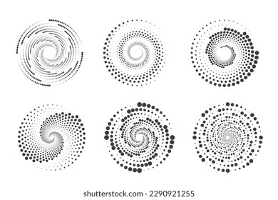 Dotted circles pattern. Abstract half tone graphic set. Circular textured round spiral frames. Vector swirl geometric rings with gradation