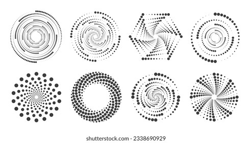 Dotted circles pattern. Abstract half tone graphic set. Circular textured round spiral frames. Vector swirl geometric rings with gradation