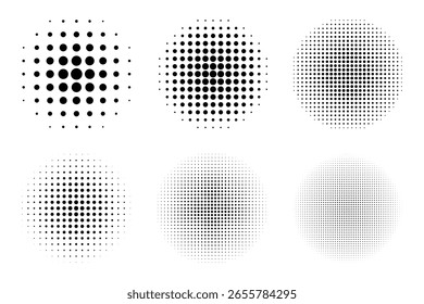 Dotted circles set, round shapes with halftone effect, dot elements - vector