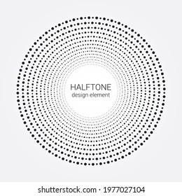 Dotted circular background. Circular concentric dots isolated on the white background. Halftone circle dots texture, pattern, object. Vector design element for various purposes.