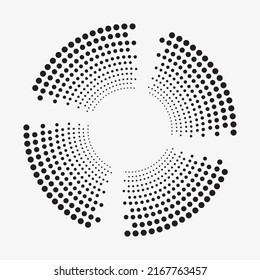 Logo circular punteado. Puntos concéntricos circulares aislados en el fondo blanco. Diseño de tela de semitono. La textura de los puntos del círculo semitónico. Elemento de diseño de vectores.