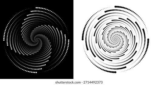 Logotipo circular punteado. puntos concéntricos circulares aislados en el fondo blanco. Diseño de tela de semitono. Textura de puntos de círculo semitono. Elemento de diseño de Vector para varios propósitos.	