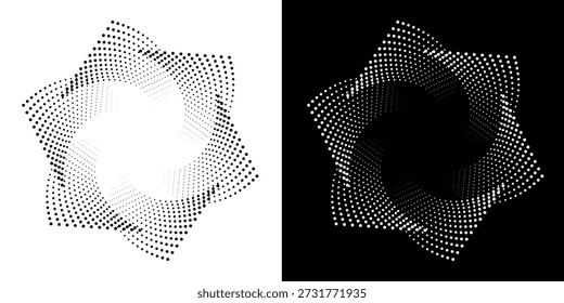 Logotipo circular pontilhado. pontos concêntricos circulares isolados no fundo branco. Design de tecido de meio-tom. Textura de pontos de círculo de meio-tom. Elemento de design vetorial para vários fins.	