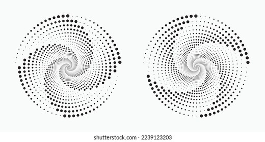 Conjunto de logotipo circular con puntos. puntos concéntricos circulares aislados en el fondo blanco. Diseño de tela de semitono. La textura de los puntos del círculo semitónico. Elemento de diseño de vectores para diversos fines.
