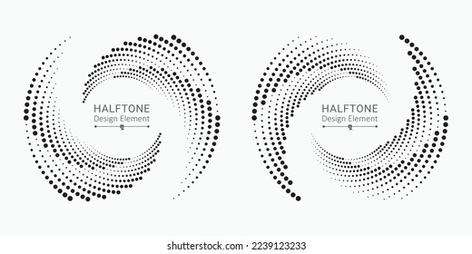 Zeichentricklogoset kreisförmige, konzentrische Punkte einzeln auf weißem Hintergrund. Halftone Stoff Design. Der Halbkreis weist eine Textur auf. Vektordesign-Element für verschiedene Zwecke.

