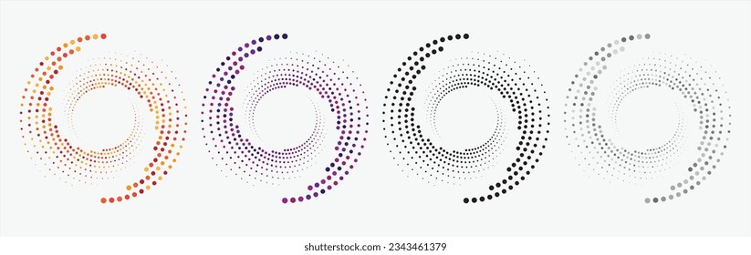 Dotted circular logo set. Circular concentric dots isolated on the white background. Halftone fabric design.Halftone circle dots texture. Vector design element for various purposes.