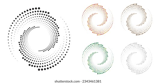 Dotted circular logo set. Circular concentric dots isolated on the white background. Halftone fabric design.Halftone circle dots texture. Vector design element for various purposes.