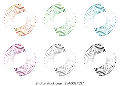 Dotted circular logo set. Circular concentric dots isolated on the white background. Halftone fabric design.Halftone circle dots texture. Vector design element for various purposes.