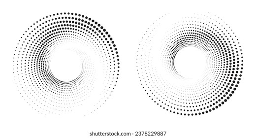 Conjunto de logotipo circular con puntos. puntos concéntricos circulares aislados en el fondo blanco. Diseño de tejido de semitono.El círculo de semitono marca la textura. Elemento de diseño de vectores para diversos fines.