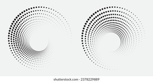 Conjunto de logotipo circular con puntos. puntos concéntricos circulares aislados en el fondo blanco. Diseño de tejido de semitono.El círculo de semitono marca la textura. Elemento de diseño de vectores para diversos fines.