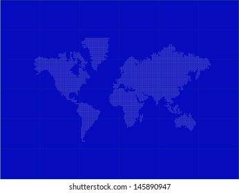 Dotted (Circular Pixel) World Maps. Blue background