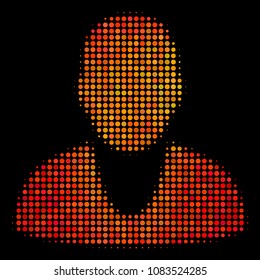 Dotted client icon. Bright pictogram in hot color tints on a black background. Vector halftone pattern of client symbol organized with circle elements.