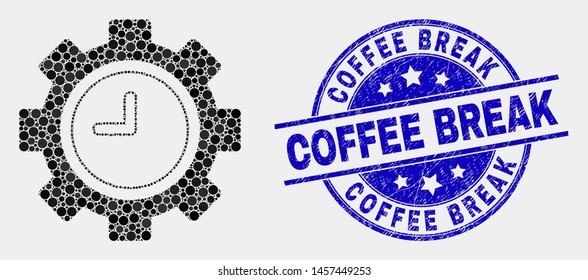 Dotted clock settings gear mosaic icon and Coffee Break seal stamp. Blue vector rounded grunge seal with Coffee Break message. Vector combination in flat style.