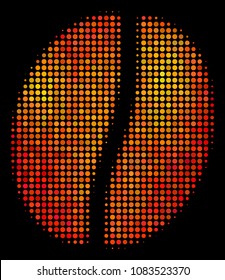 Dotted coffee bean icon. Bright pictogram in hot color tinges on a black background. Vector halftone collage of coffee bean icon composed of round elements.