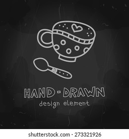 Dotted Coffee cup with spoon. Vector chalkboard drawing. Tea cup illustration. Teacup can be used for  ads, banners or restaurant, coffee shop and bakery.