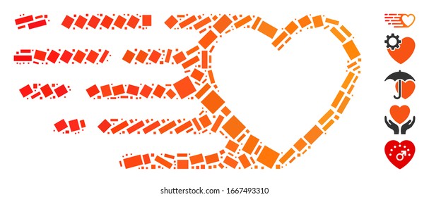 Dotted Collage based on fast love heart. Mosaic vector fast love heart is created with scattered rectangle items. Bonus icons are added.