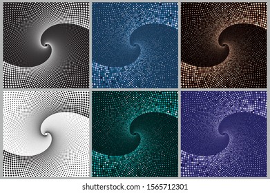 Dotted colored Vector Spiral Color Pattern or Texture set. Stipple Dot Backgrounds with color Circles