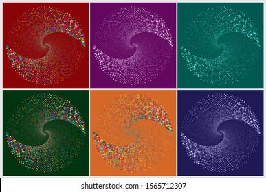 Dotted colored Vector Spiral Color Pattern or Texture set. Stipple Dot Backgrounds with color Circles
