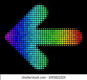 Dotted colorful halftone arrow left icon in spectral color hues with horizontal gradient on a black background. Bright vector mosaic of arrow left symbol done of rectangle array cells.