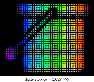 Dotted colorful halftone bucket icon in spectral color tints with horizontal gradient on a black background. Color vector pattern of bucket illustration designed of spheric items.