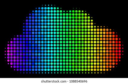 Dotted colorful halftone cloud icon using spectrum color variations with horizontal gradient on a black background. Colorful vector concept of cloud pictogram combined from round points.