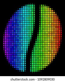 Dotted colorful halftone coffee bean icon drawn with spectrum color tinges with horizontal gradient on a black background.