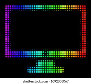 Dotted colorful halftone computer display icon in spectrum color tints with horizontal gradient on a black background.