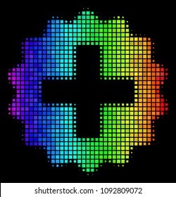 Dotted colorful halftone create icon in spectrum color tones with horizontal gradient on a black background. Bright vector pattern of create pictogram combined with rectangular items.