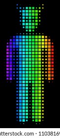 Dotted colorful halftone daemon icon drawn with rainbow color tints with horizontal gradient on a black background. Colorful vector collage of daemon illustration combined from square items.