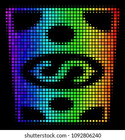 Dotted colorful halftone dollar banknote icon drawn with spectrum color tones with horizontal gradient on a black background.