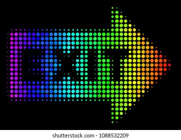 Dotted colorful halftone exit arrow icon in spectral color tinges with horizontal gradient on a black background. Colored vector concept of exit arrow pictogram made of circle elements.