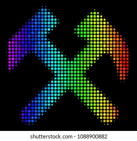 Dotted colorful halftone hammers icon in spectrum color tinges with horizontal gradient on a black background. Multicolored vector composition of hammers pictogram combined with circle dots.