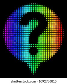 Dotted colorful halftone help balloon icon using spectrum color shades with horizontal gradient on a black background.