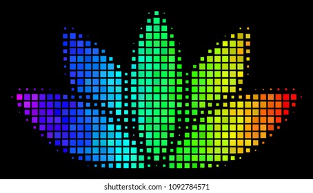 Dotted colorful halftone lotus flower icon drawn with spectrum color shades with horizontal gradient on a black background.