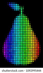 Dotted colorful halftone pear icon in spectrum color hues with horizontal gradient on a black background. Color vector composition of pear symbol created with rectangular points.