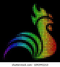 Dotted colorful halftone rooster icon in spectrum color shades with horizontal gradient on a black background. Colorful vector composition of rooster illustration composed from rectangle particles.