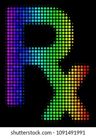 Dotted colorful halftone Rx symbol icon drawn with spectrum color hues with horizontal gradient on a black background. Colorful vector composition of Rx symbol pictogram formed from circle elements.