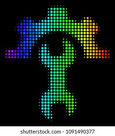 Dotted colorful halftone service tools icon using spectral color tints with horizontal gradient on a black background.