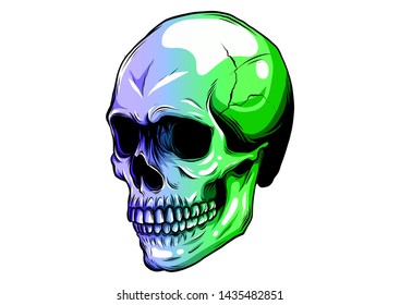 Dotted colorful halftone skull icon drawn with rainbow color variations with horizontal gradient on a black background.