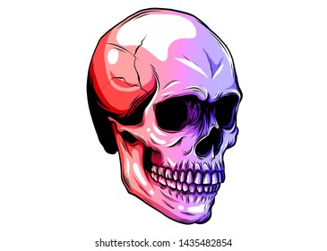 Dotted colorful halftone skull icon drawn with rainbow color variations with horizontal gradient on a black background.