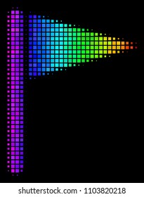 Dotted colorful halftone triangle flag icon in spectrum color variations with horizontal gradient on a black background.