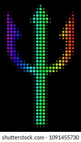 Dotted colorful halftone trident fork icon using spectrum color tinges with horizontal gradient on a black background. Bright vector collage of trident fork illustration created of round particles.