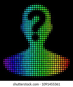 Dotted colorful halftone unknown person icon in rainbow color tinges with horizontal gradient on a black background. Colorful vector concept of unknown person pictogram organized of round cells.
